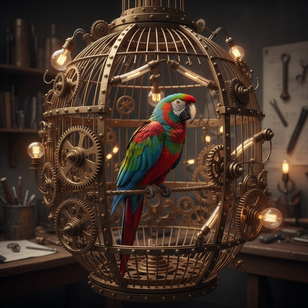 Steampunk Birdcage With Colorful Parrot in Golden Light