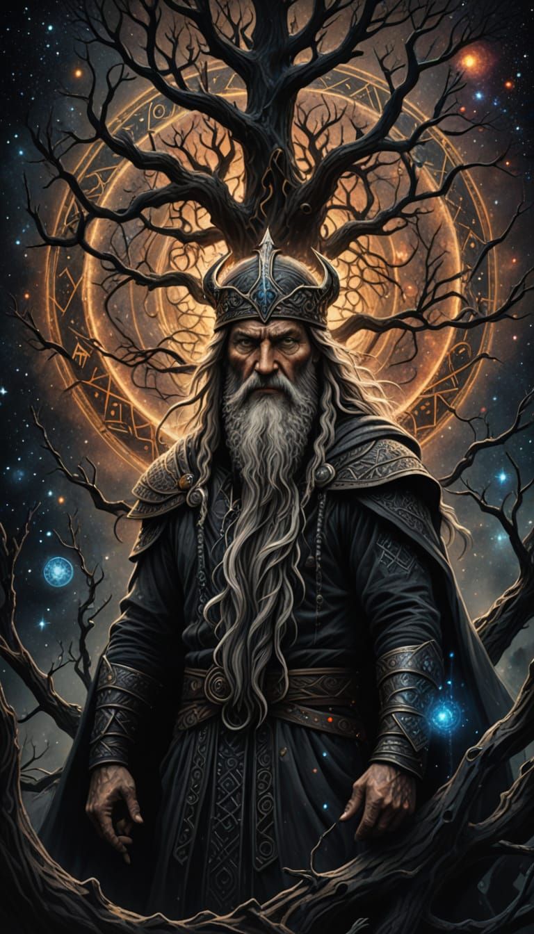 Odin Pierced by Spear, Surrounded by Runes in Cosmic Space