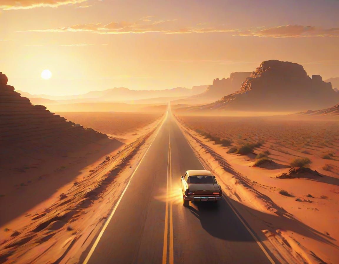 Epic Desert Road at Golden Hour Concept Art