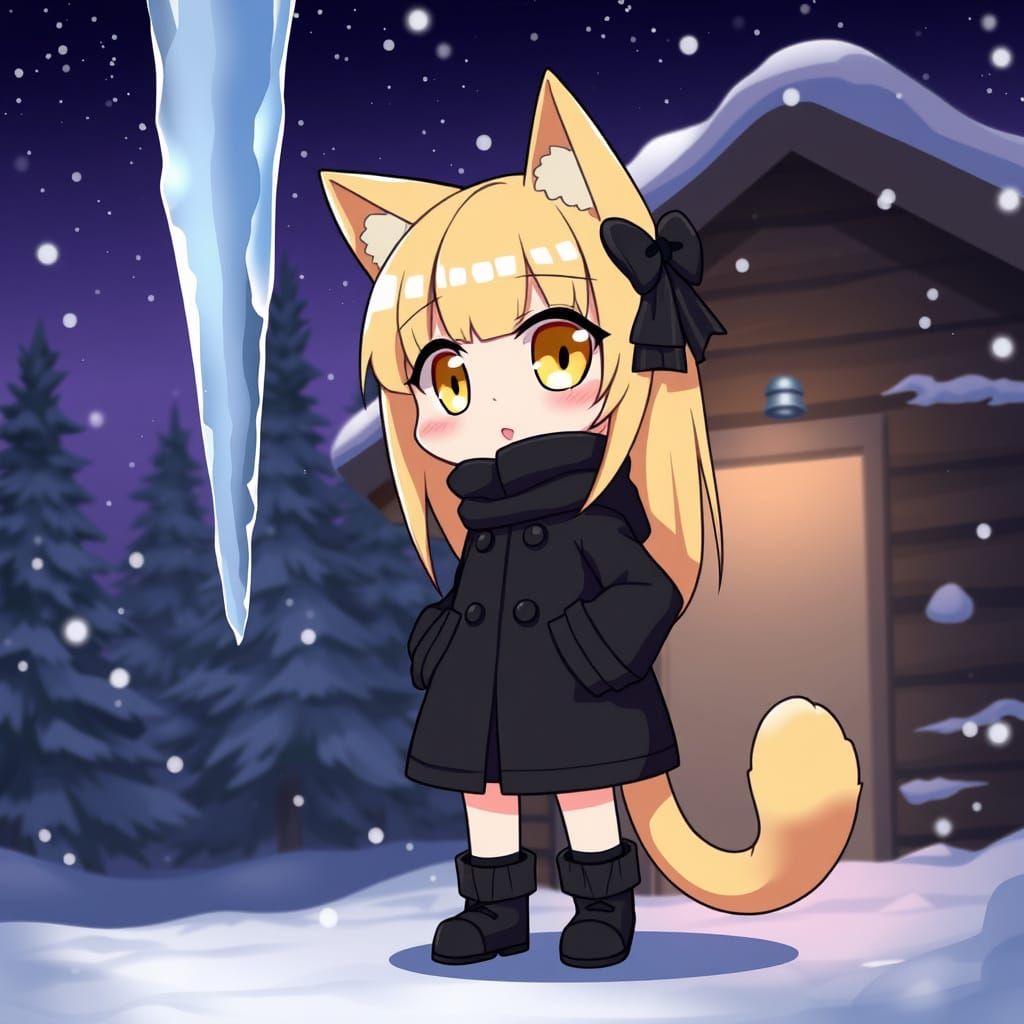 Adorable Anime Catgirl Stands Before Icy Winter Scene