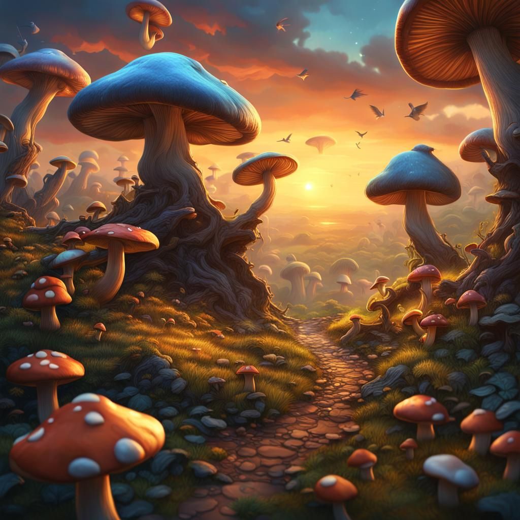 Fantastic Landscape with Giant Mushrooms at Sunset