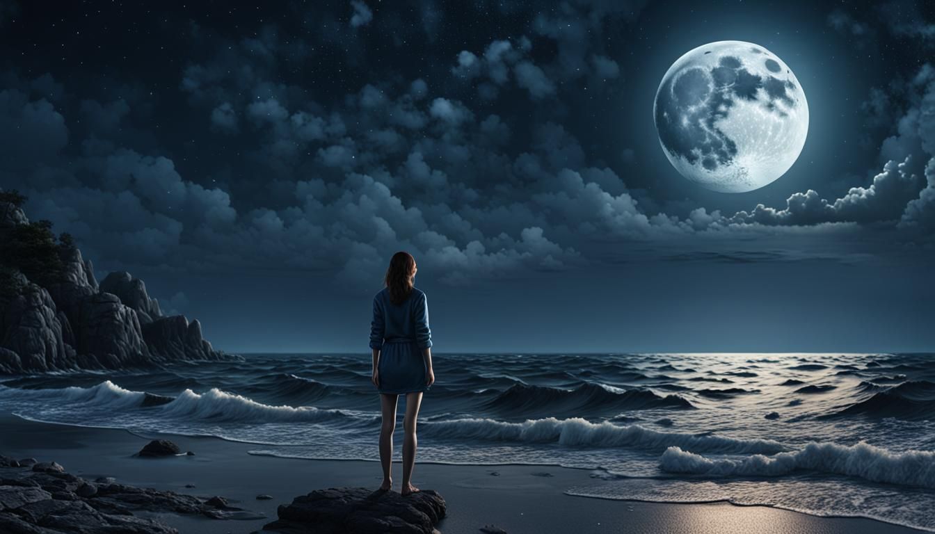 Moonlit Shore: Solitary Figure in Dramatic Nightscape