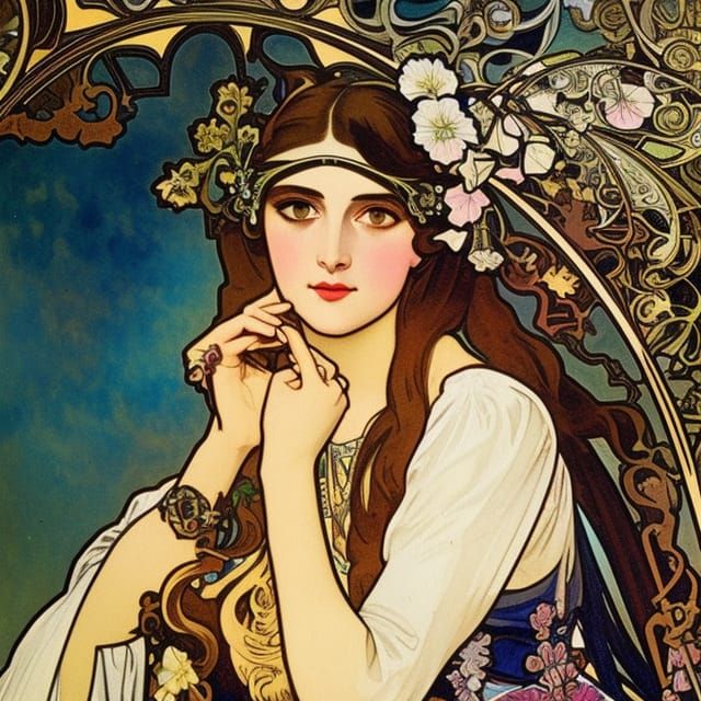 Dieselpunk Girl in Watercolor, Alphonse Mucha Style