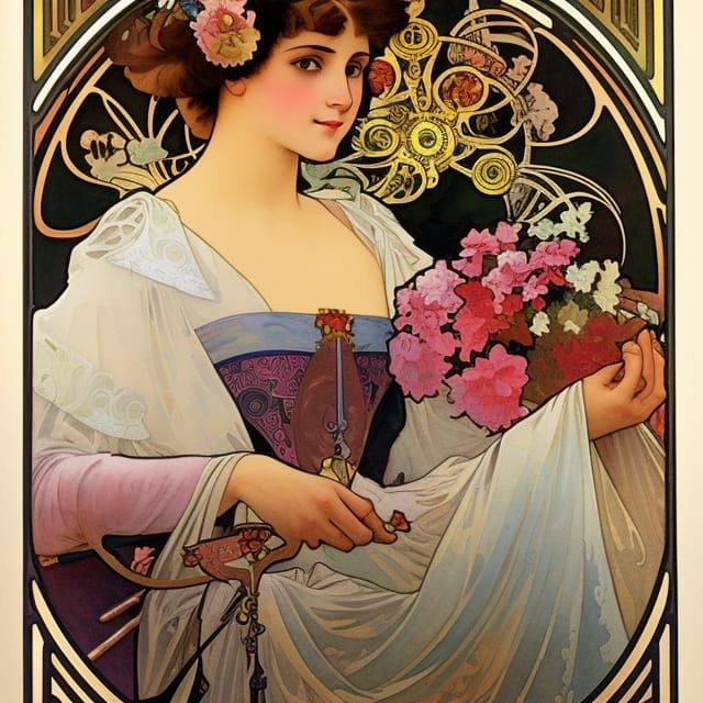 Baroque Dieselpunk Girl in Alphonse Mucha Style