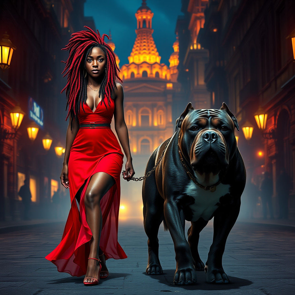 Woman and Pitbull in Dreamlike Fantasy Cityscape