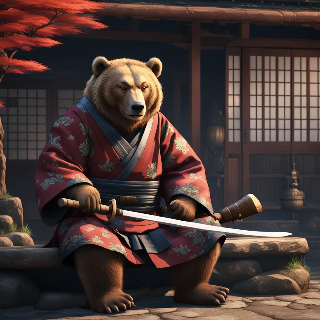 Samurai Kodiak Bear in Ghibli Style