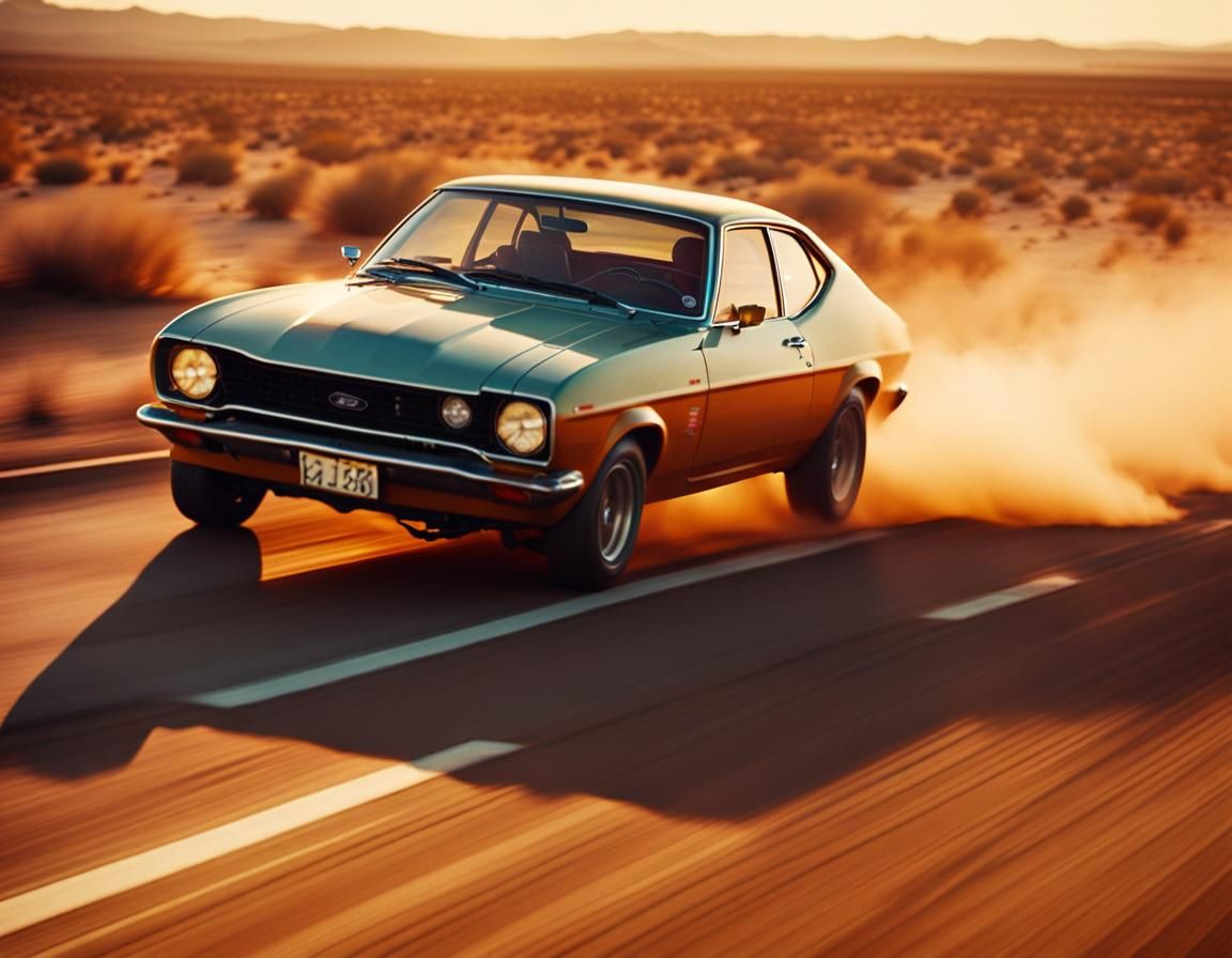 Ford Capri Races Through Desert Highway