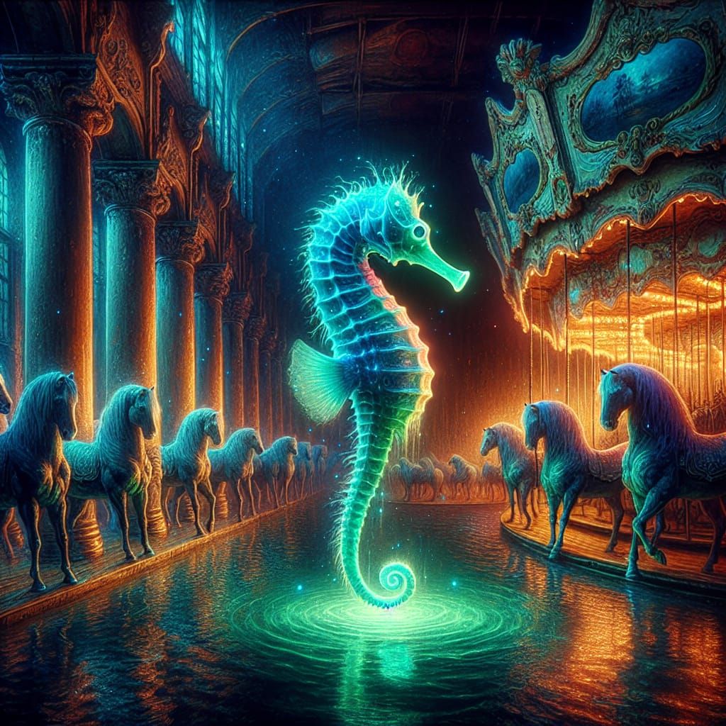 Bioluminescent Seahorse Visits Retired Carousel Horses