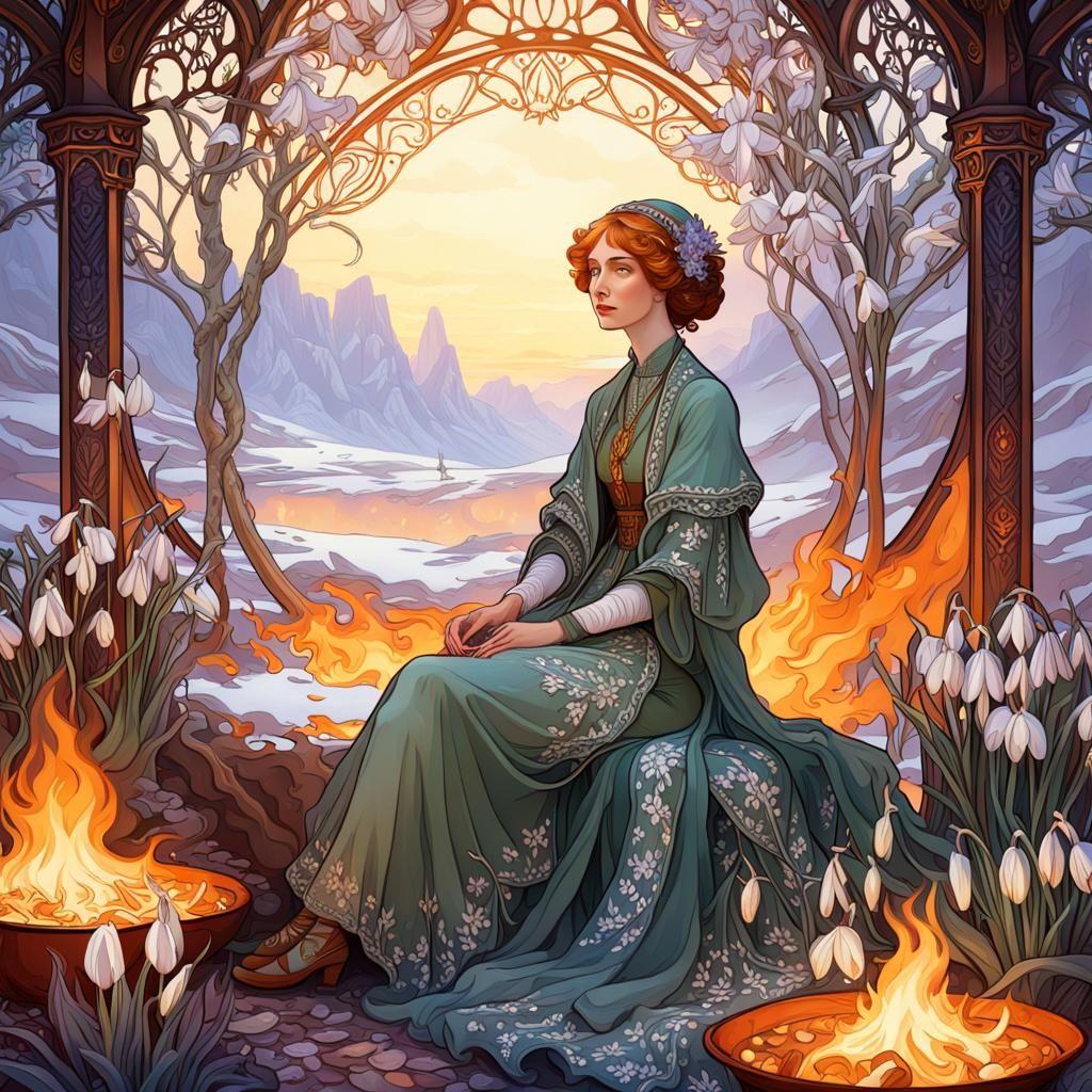 Art Nouveau Girl with Spring Flowers