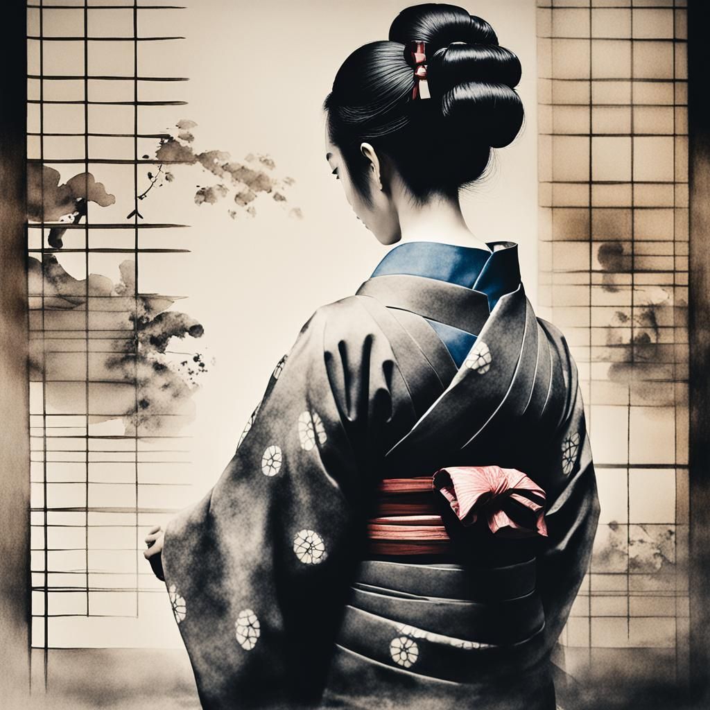 Geisha Portrait in Traditional Japanese Ink Wash Style