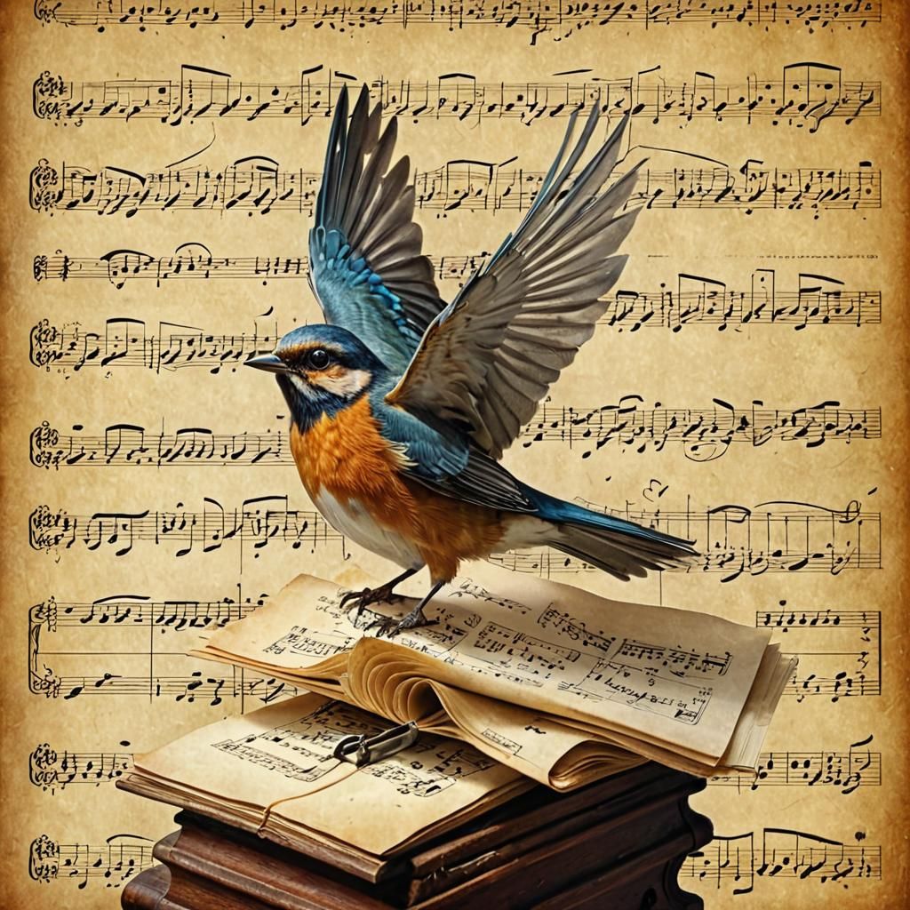 Bird on Sheet Music: Romantic Digital Art