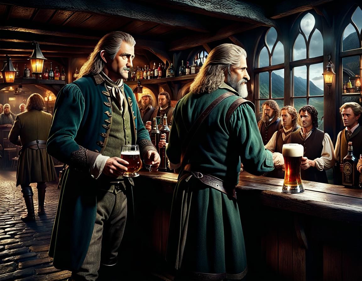 Hobbits Enjoying Ale at the Prancing Pony Tavern