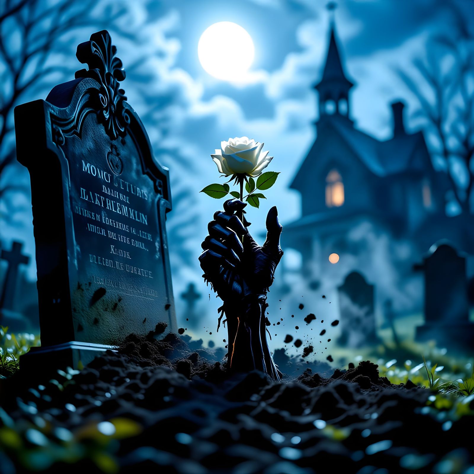 Cadaverous Hand Emerges Holding Rose in Graveyard