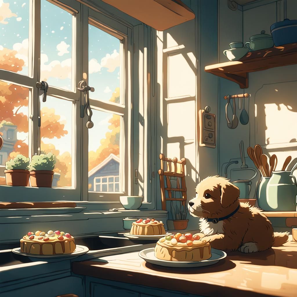 Pastry Puppy in Sunny Kitchen: Anime Concept Art