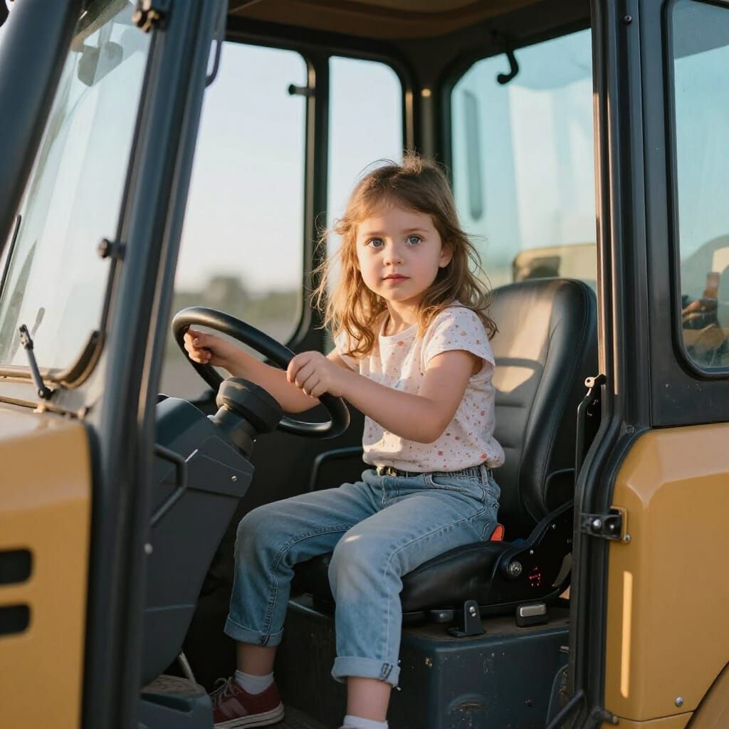 Girl in Bulldozer Seat, Hyperrealistic Photograph
