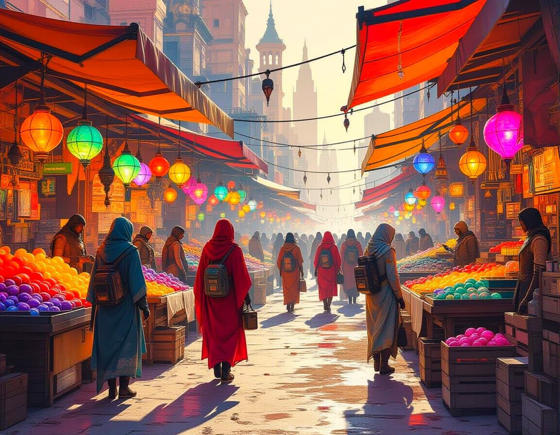 Alien Market Scene in Watercolour Style