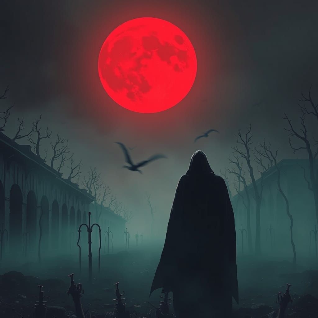 Ominous Figure in Death Camp Under Blood Moon