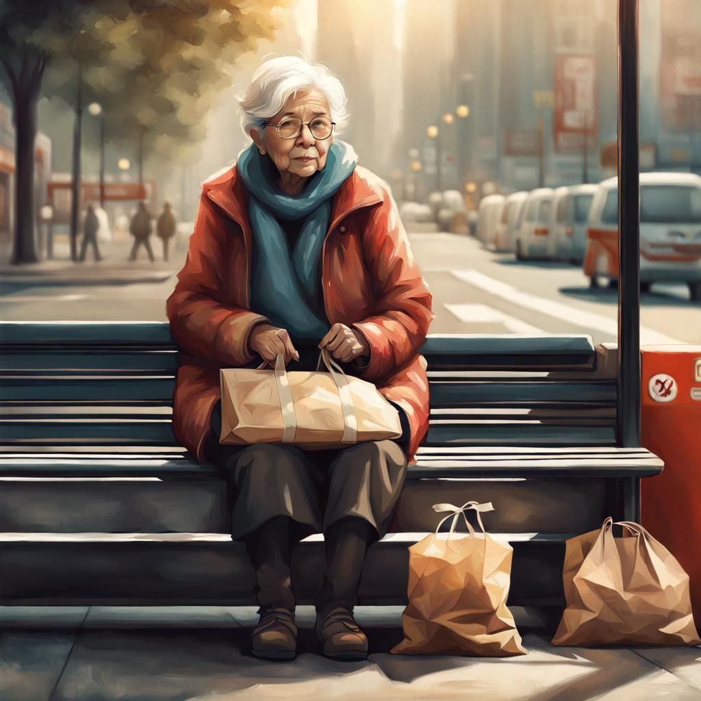 Grandmother at Bus Stop: Hyperdetailed Concept Art
