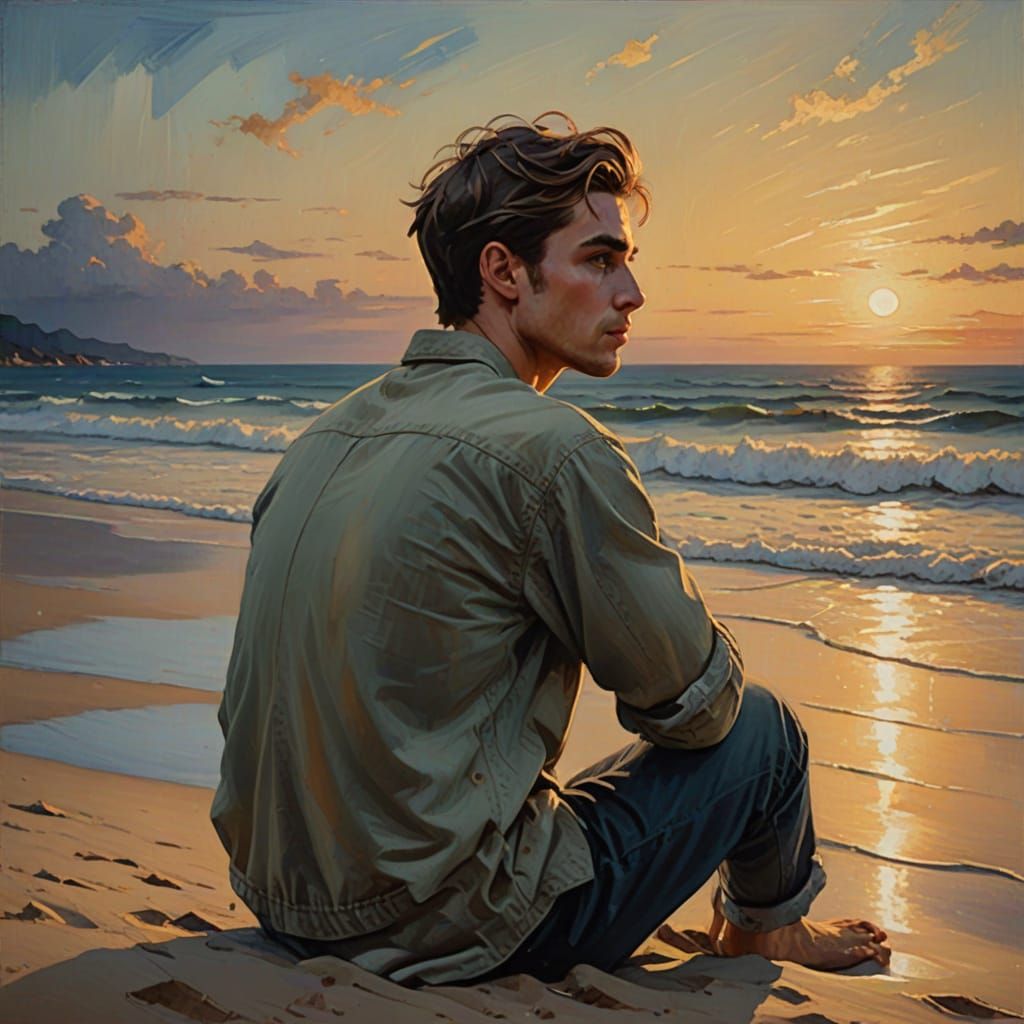 A Handsome Young Man Contemplates the Sea in a Dreamy, Moonl...