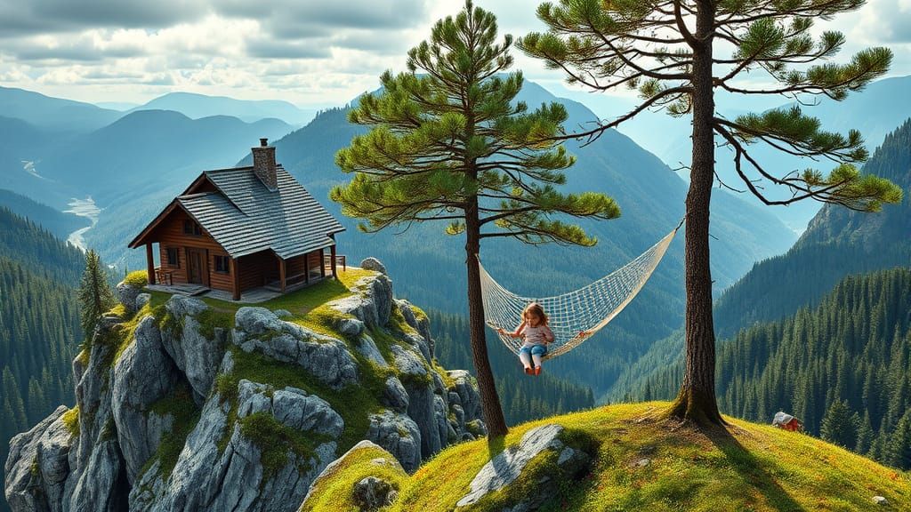 Cozy Mountain Cabin with Girl on Hammock
