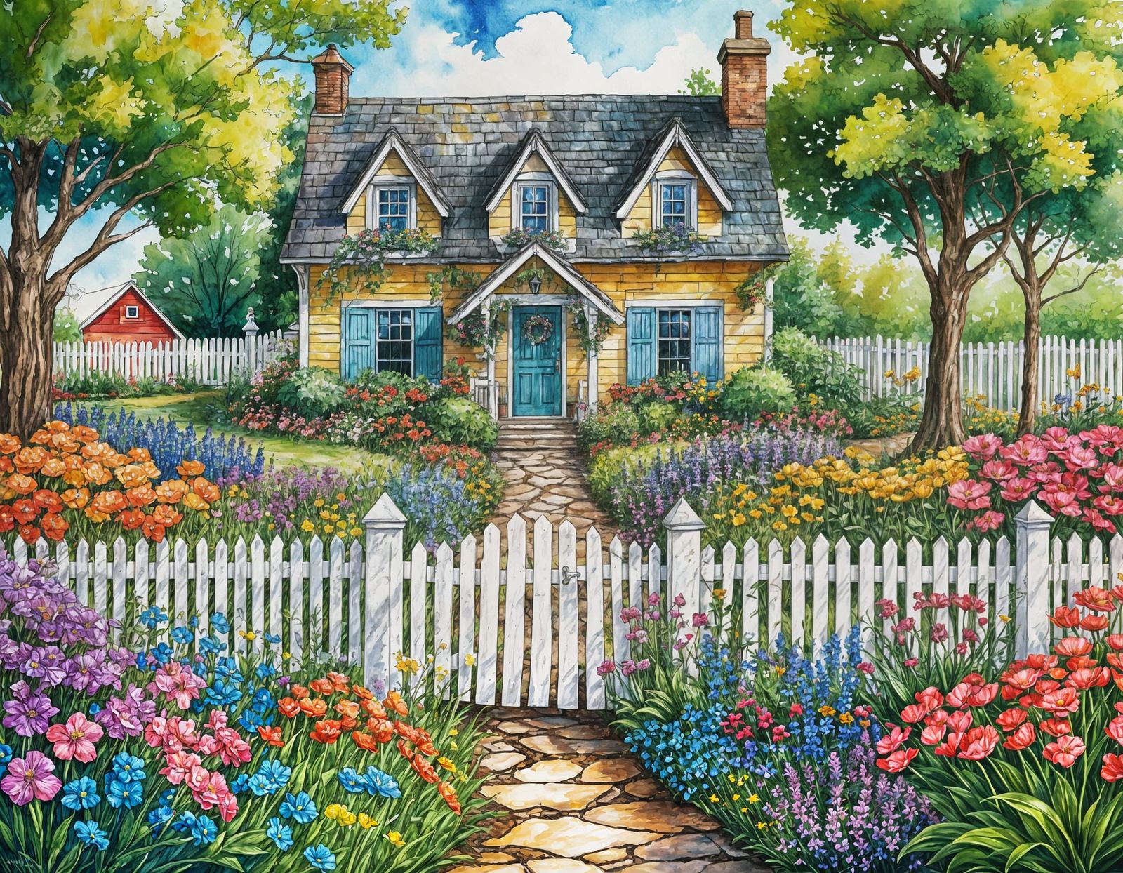 Country Cottage in Alcohol Ink Illustration