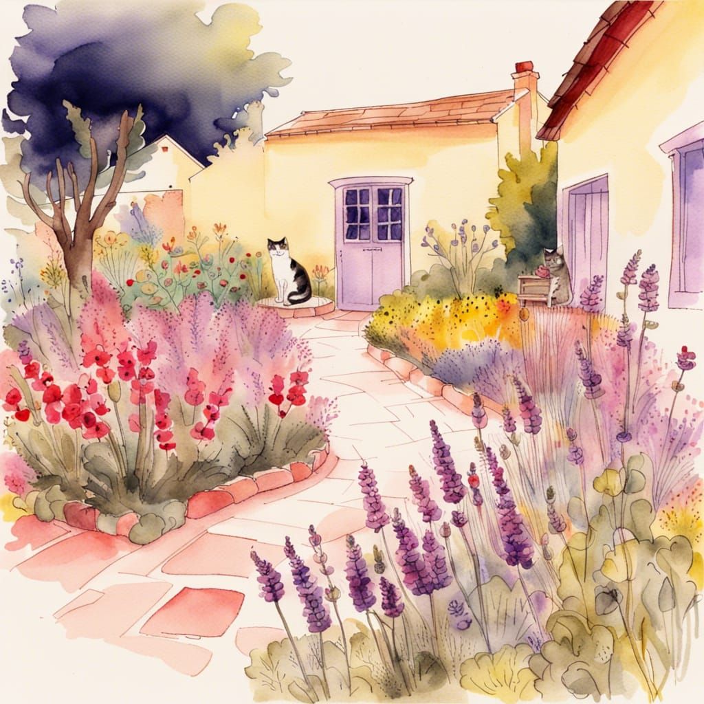 Courtyard Garden with Cat, Ink and Watercolor