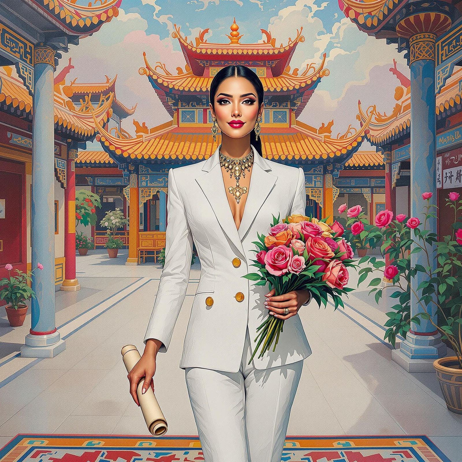 Regal Moroccan Woman in Chinese Courtyard