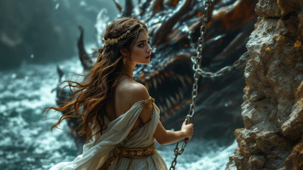 Dark Fantasy Greek Goddess Trapped by Sea Monster