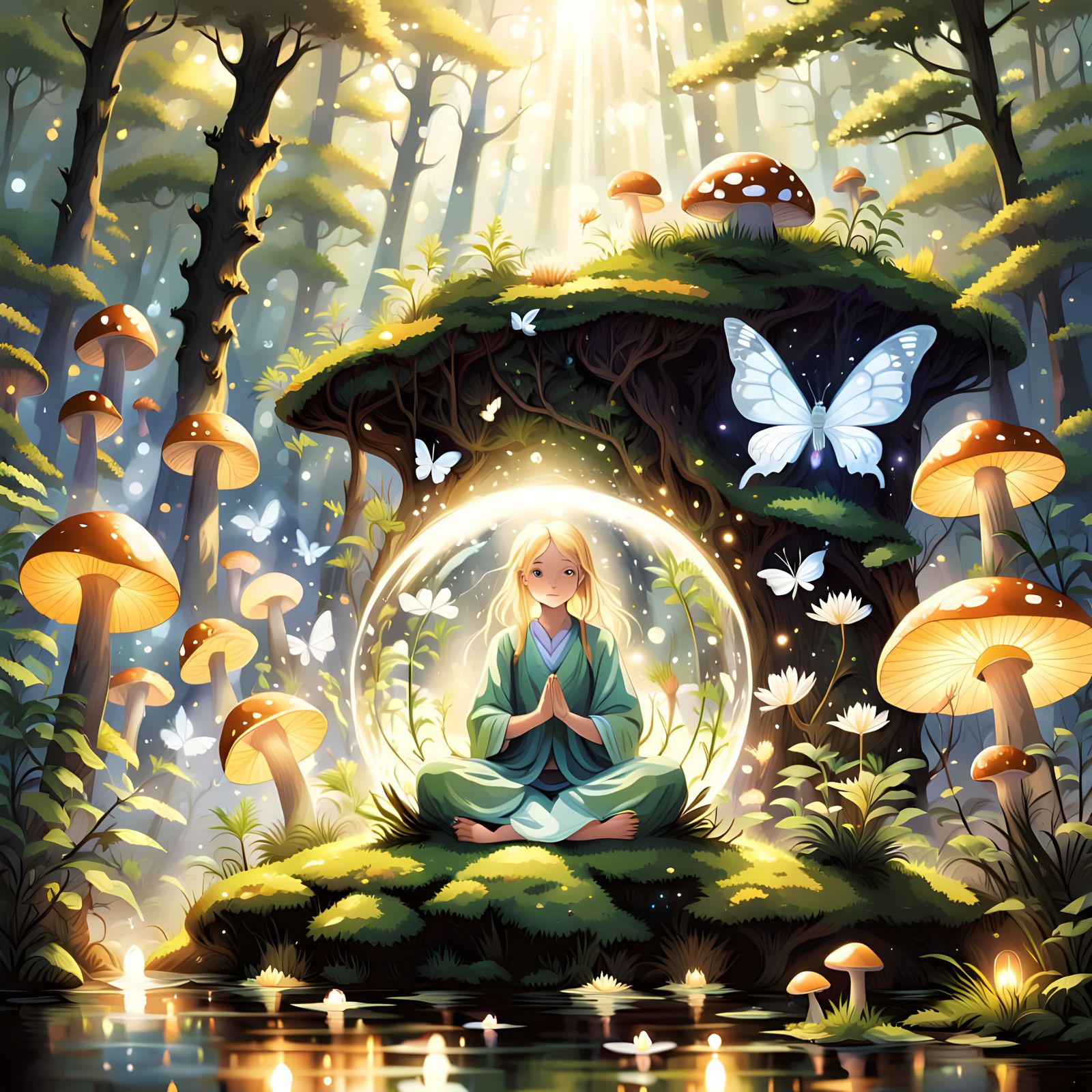 Woman Meditating in Golden Light Amidst Enchanted Forest