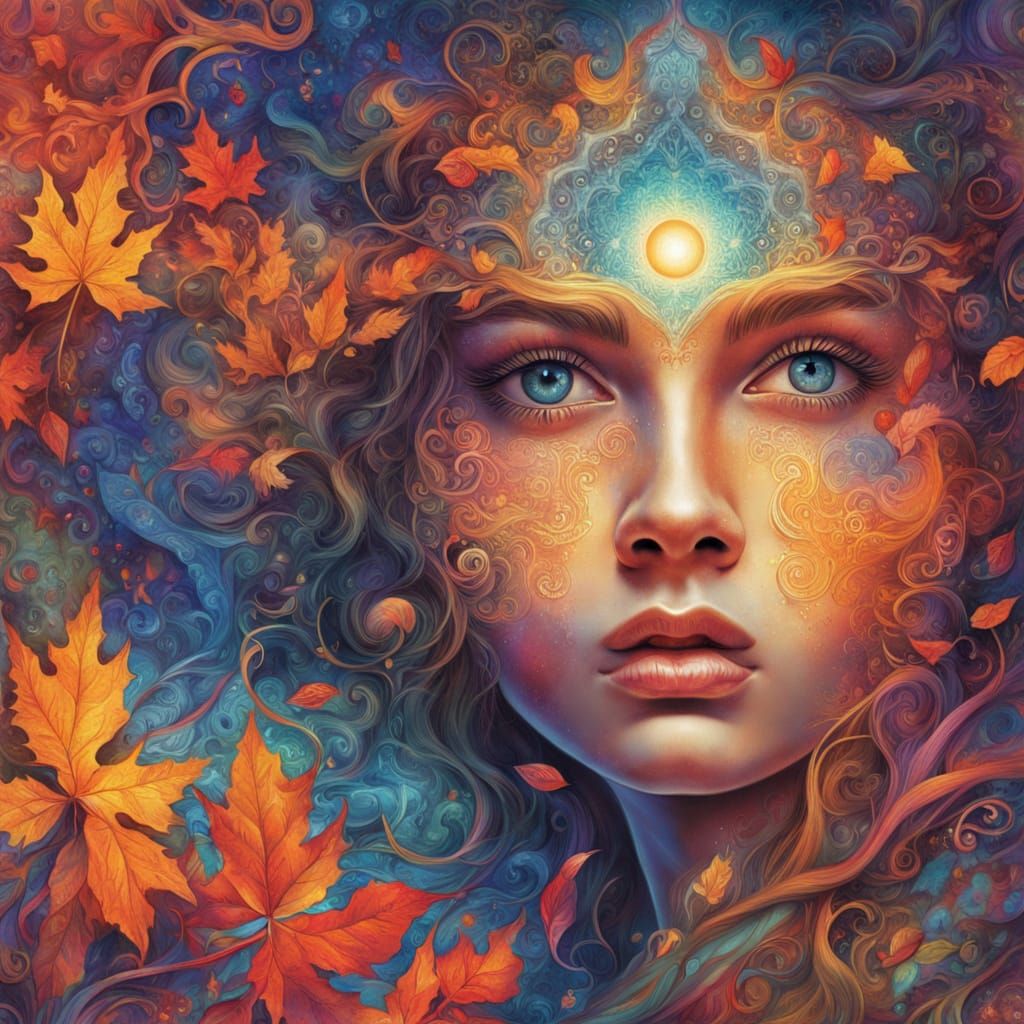 Mystical Autumn Landscape Through Window, Woman's Face in Et...