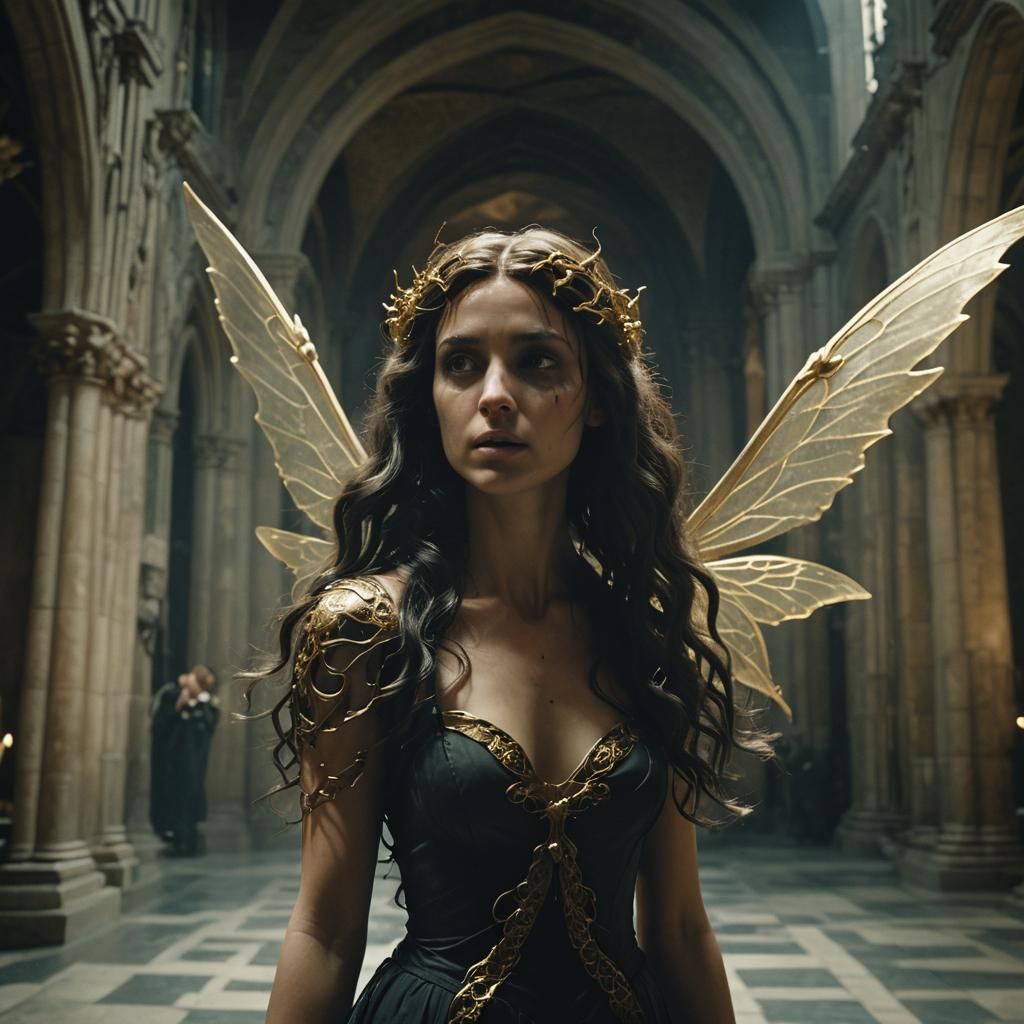 Fairy Approaches Medusa in Gothic Cathedral