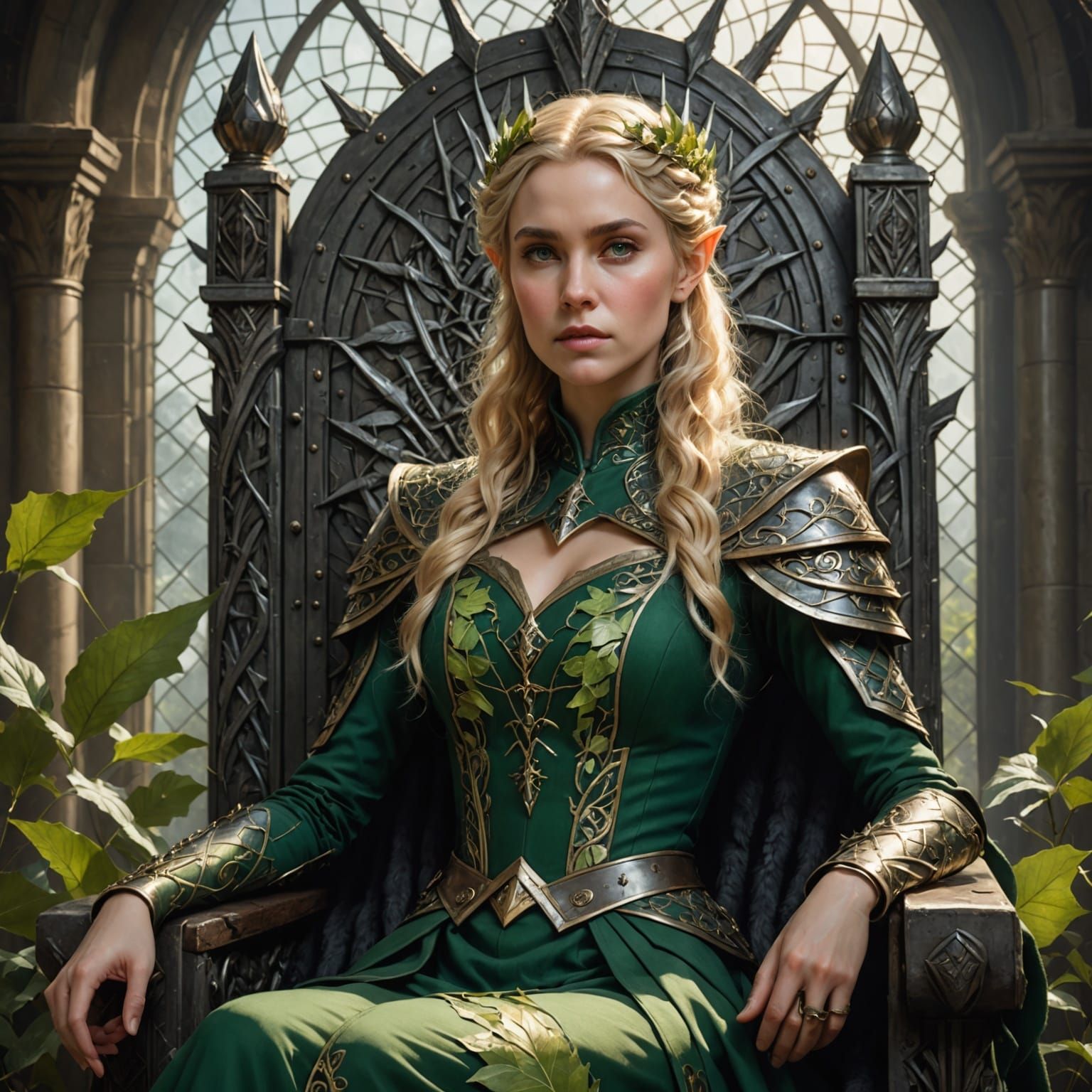 Elf Queen on Iron Throne: Digital Portrait