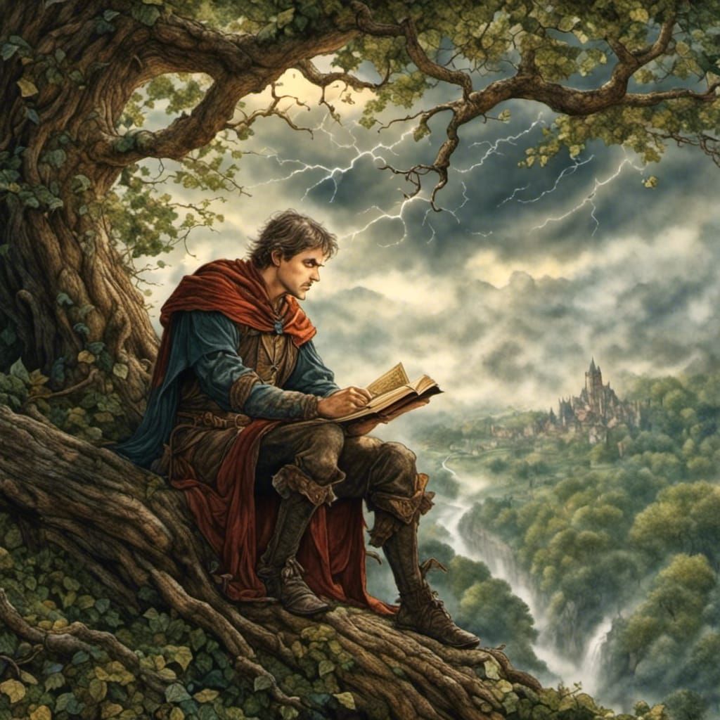 Medieval Elf Reading During Epic Thunderstorm