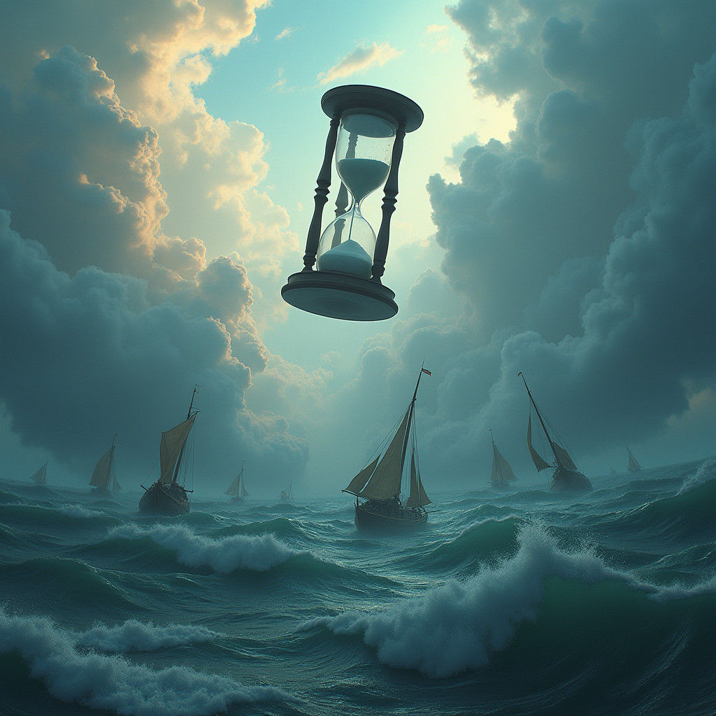 Hourglass Above Turbulent Ocean in Atmospheric Style
