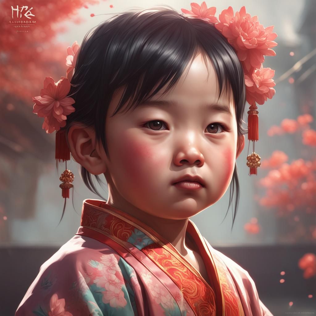 Chinese Toddler Surrounded by Flowers: Hyperdetailed Portrai...