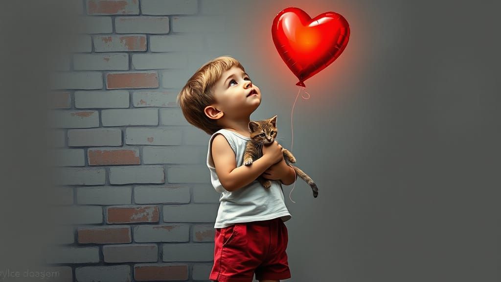 Child with Kitten and Balloon in Neo-Impressionism Style