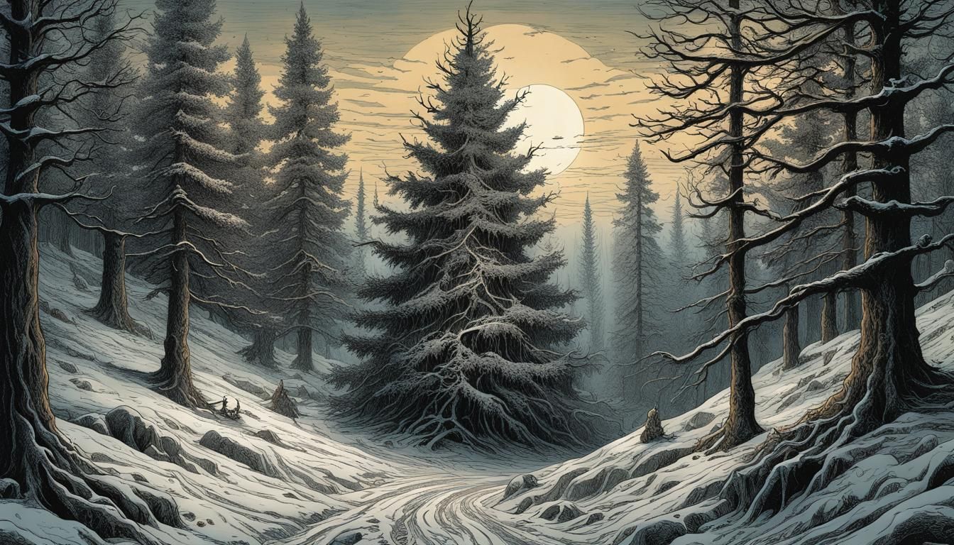 Detailed Spruce Christmas Tree in Winter Forest
