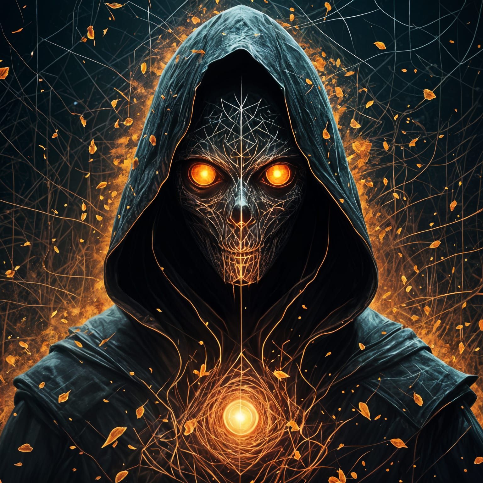 Hooded Figure with Glowing Eyes in Digital Art