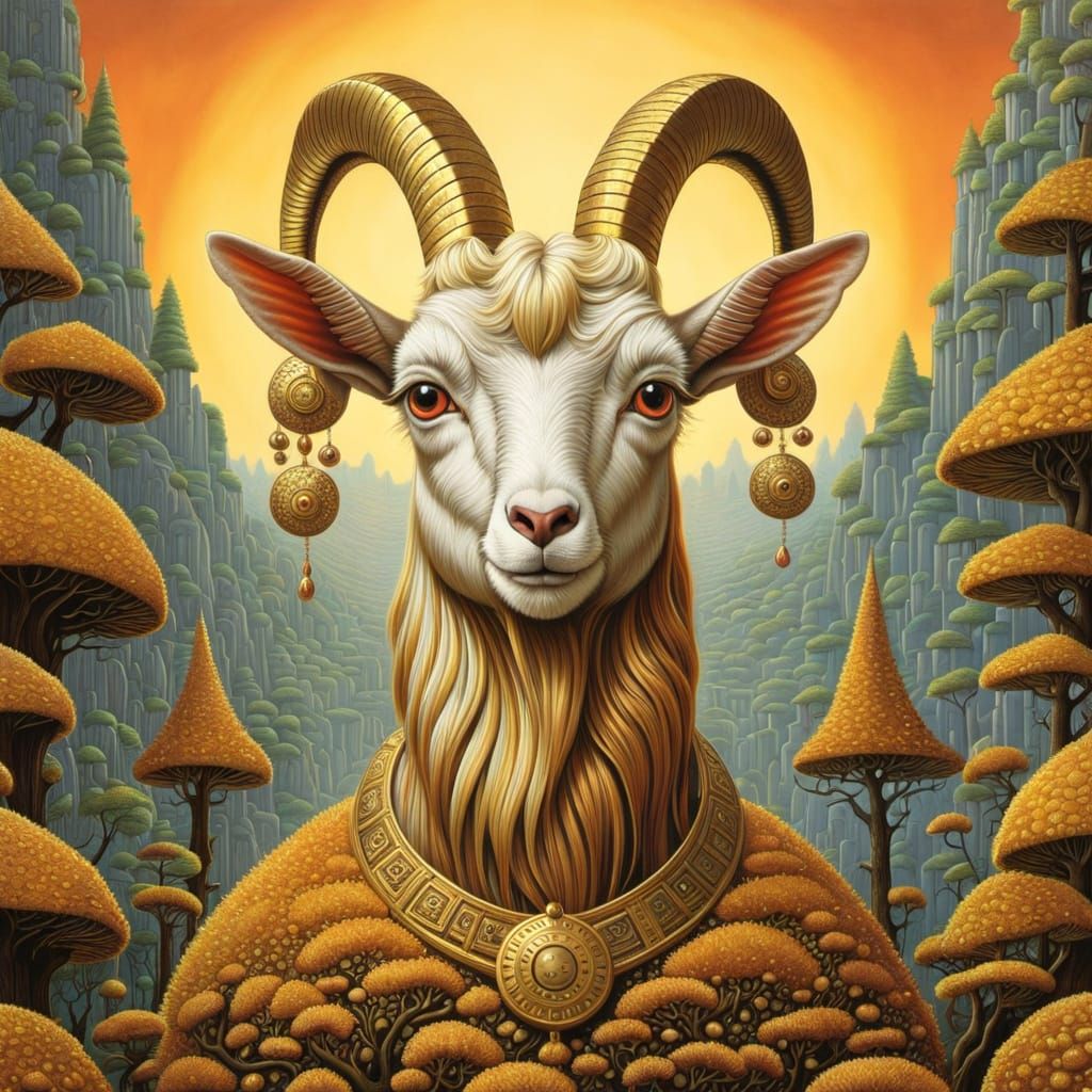 Golden Psychedelic Goat in Surreal Style