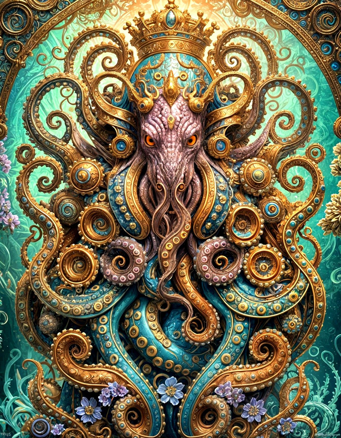 Psychedelic Octopus King in Holographic Style