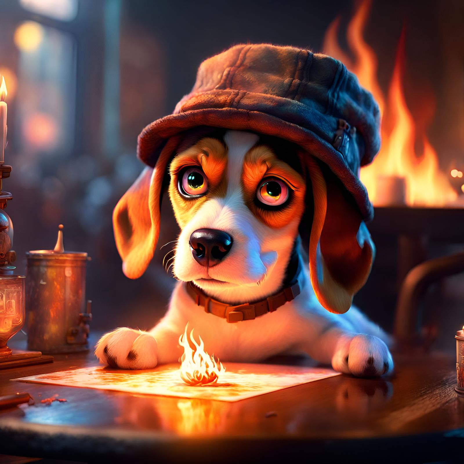 Cartoon Beagle in Burning Room, Digital Art