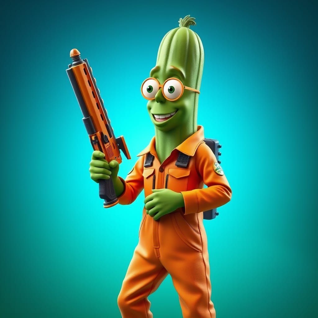 Green Pickle Man with Pickle Gun, 3D Digital Art