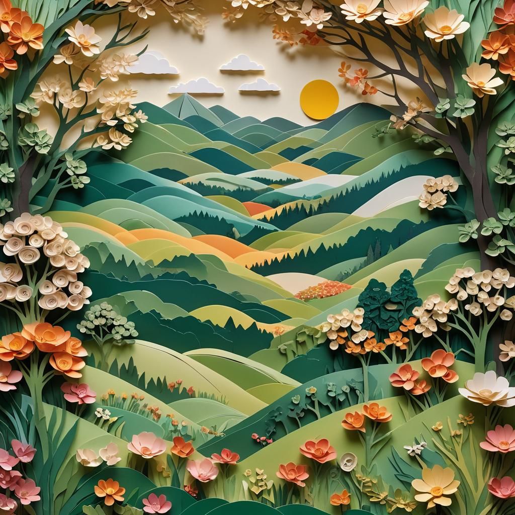 Intricate Paper Art: Serene Landscape with Sun