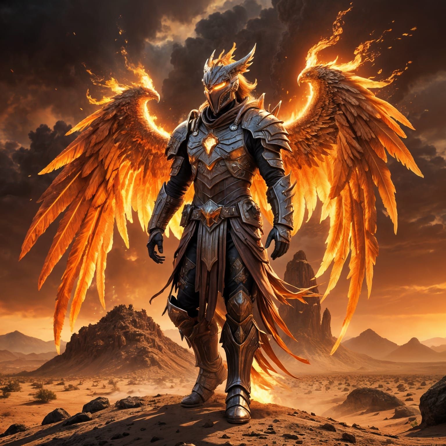 Fire Phoenix Warrior in Desert Landscape