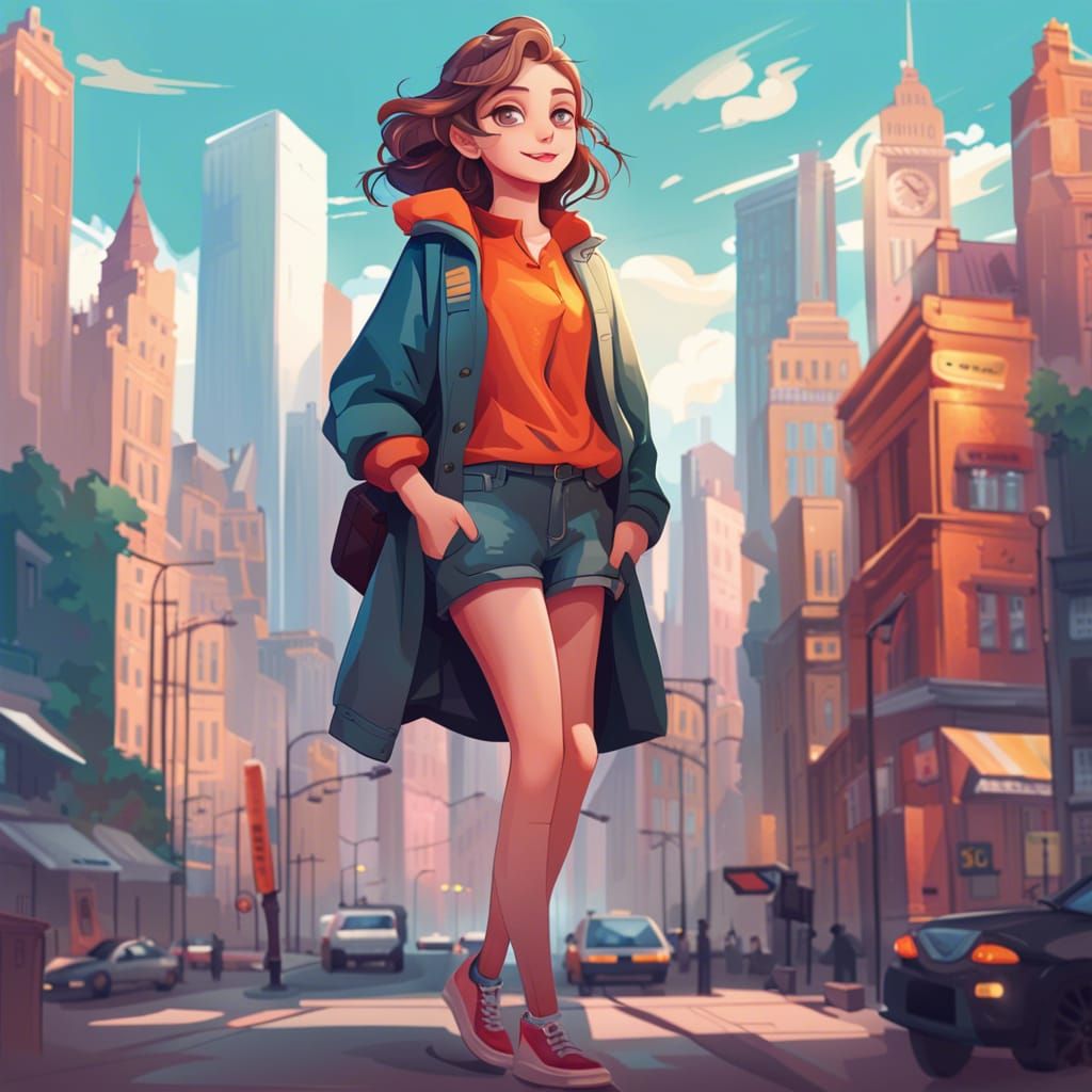 Cute Girl in Big City Illustration