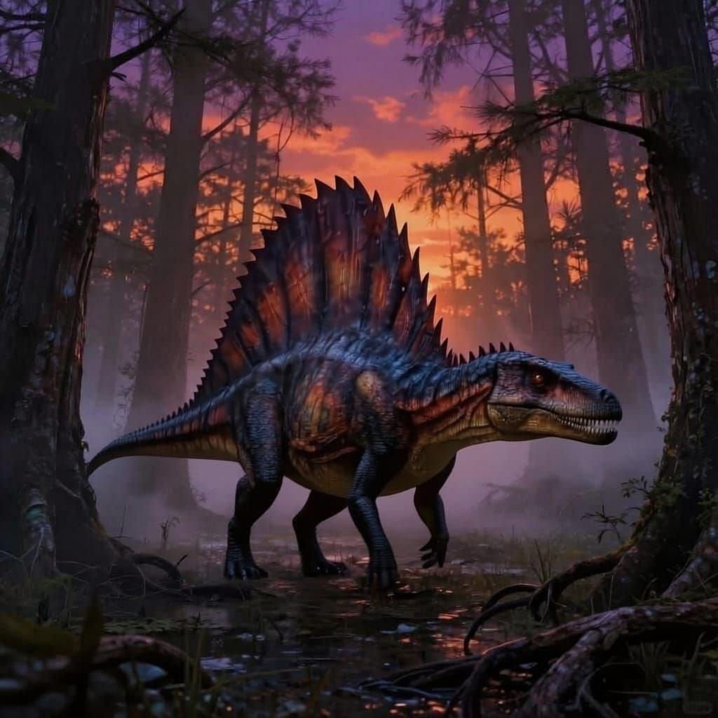 Dimetrodon in Misty Swamp at Sunset