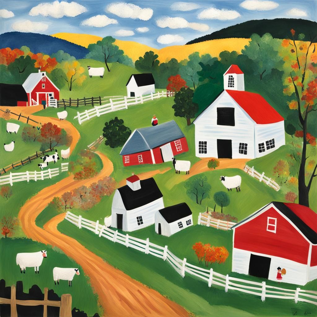 Quaint Farmyard Scene in Naive Art Style
