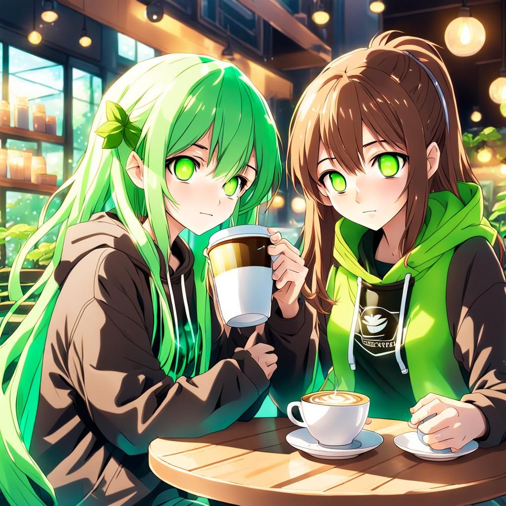 Anime Girls with Glowing Eyes in Cafe