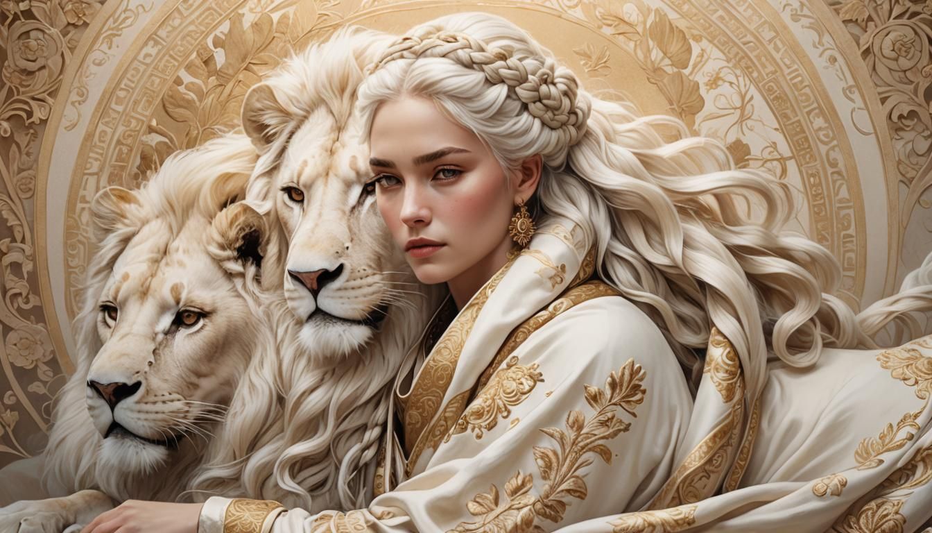 Ethereal Woman with Lion in Neoclassical Style