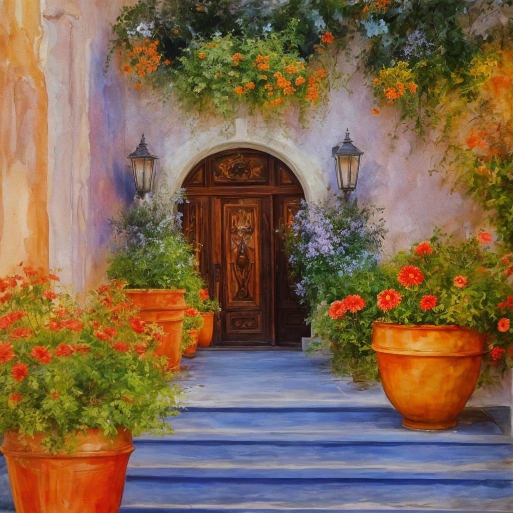 Mediterranean Estate Courtyard Oil Painting at Sunset